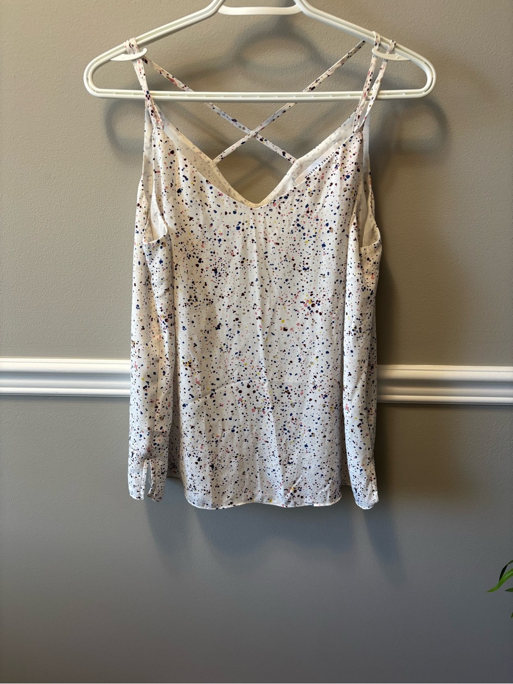 White Paint-Splatter Cold-Shoulder Cami with Crisscross Straps